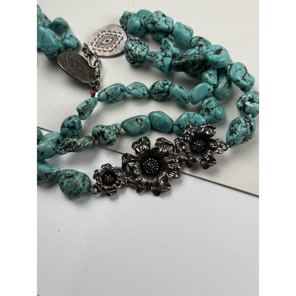Lucky Brands Faux Turquoise Necklace 19" Triple Strand Flower Statement - Picture 10 of 11